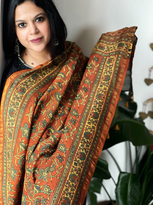 Rust Ajrakh Handblock Printed Dupatta on Chanderi Silk