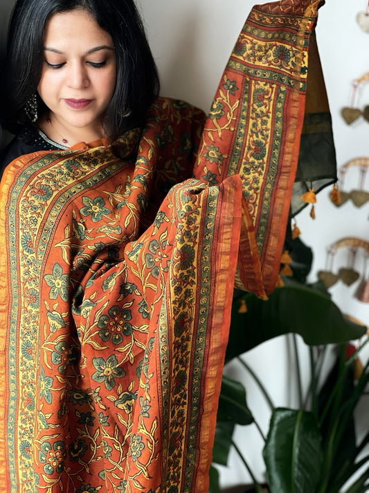 Rust Ajrakh Handblock Printed Dupatta on Chanderi Silk