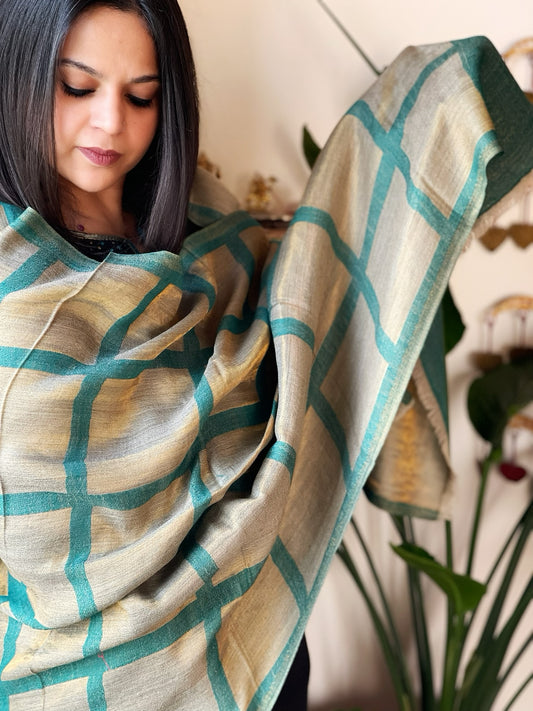 Teal Green Woven Zari Pashmina Check Design Stole
