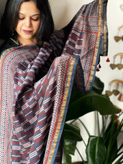 Blue Ajrakh Handblock Printed Dupatta on Chanderi Silk
