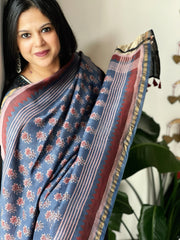 Blue Ajrakh Handblock Printed Dupatta on Chanderi Silk