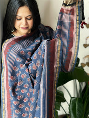 Blue Ajrakh Handblock Printed Dupatta on Chanderi Silk