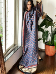 Blue Ajrakh Handblock Printed Dupatta on Chanderi Silk
