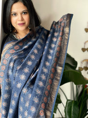 Blue Ajrakh Handblock Printed Dupatta on Chanderi Silk