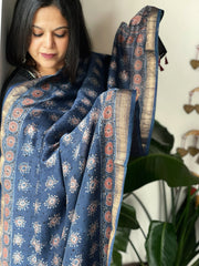 Blue Ajrakh Handblock Printed Dupatta on Chanderi Silk