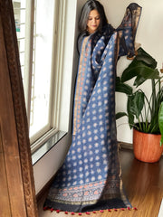 Blue Ajrakh Handblock Printed Dupatta on Chanderi Silk