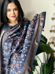 Blue Ajrakh Handblock Printed Dupatta on Chanderi Silk