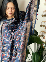 Blue Ajrakh Handblock Printed Dupatta on Chanderi Silk