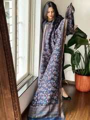 Blue Ajrakh Handblock Printed Dupatta on Chanderi Silk