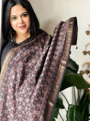 Black Ajrakh Handblock Printed Dupatta on Chanderi Silk
