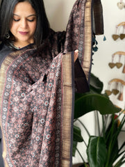 Black Ajrakh Handblock Printed Dupatta on Chanderi Silk