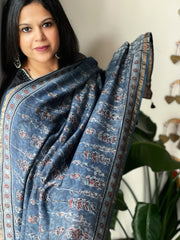 Blue Ajrakh Handblock Printed Dupatta on Chanderi Silk