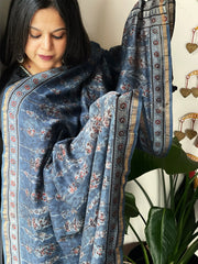 Blue Ajrakh Handblock Printed Dupatta on Chanderi Silk