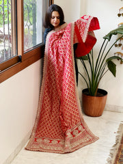 Red Woven Bandhej Banarasi Dupatta in Fine Georgette with Zardosi Work