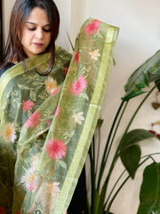 Pista Green Organza Dupatta with thread embroidery