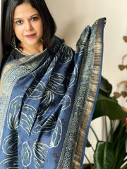 Blue Ajrakh Handblock Printed Dupatta on Chanderi Silk