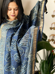 Blue Ajrakh Handblock Printed Dupatta on Chanderi Silk