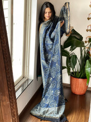 Blue Ajrakh Handblock Printed Dupatta on Chanderi Silk