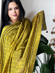 Mustard Ajrakh Handblock Printed Dupatta on Chanderi Silk