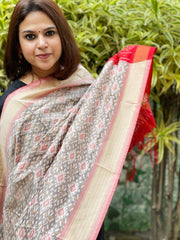 Grey Handwoven Ikat Dupatta Pure Silk-Cotton