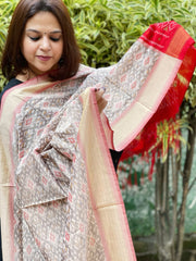 Grey Handwoven Ikat Dupatta Pure Silk-Cotton