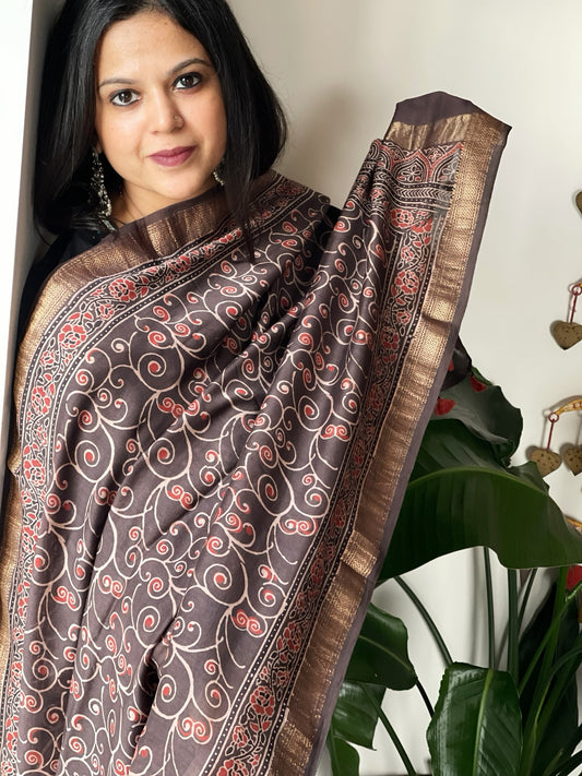 Lite Brown Ajrakh Handblock Printed Dupatta on Chanderi Silk