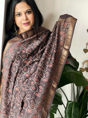 Lite Brown Ajrakh Handblock Printed Dupatta on Chanderi Silk