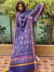 Blue Handwoven Ikat Dupatta Pure Silk-Cotton