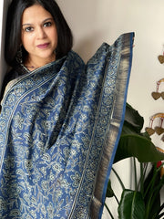 Blue Ajrakh Handblock Printed Dupatta on Chanderi Silk