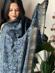Blue Ajrakh Handblock Printed Dupatta on Chanderi Silk