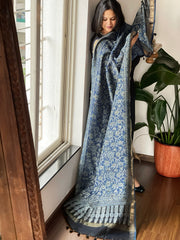Blue Ajrakh Handblock Printed Dupatta on Chanderi Silk