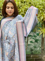 Grey Handwoven Ikat Dupatta Pure Silk-Cotton