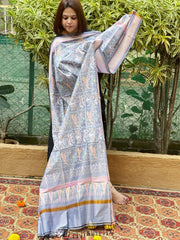Grey Handwoven Ikat Dupatta Pure Silk-Cotton