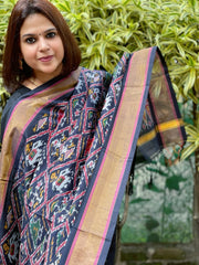 Black Handwoven Ikat Dupatta Pure Silk-Cotton