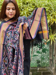 Black Handwoven Ikat Dupatta Pure Silk-Cotton