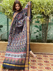 Black Handwoven Ikat Dupatta Pure Silk-Cotton
