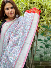 White Handwoven Ikat Dupatta Pure Silk-Cotton
