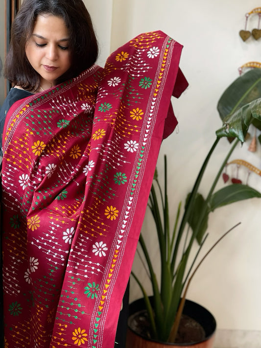 Maroon Handmade Kantha Dupatta in Pure Cotton
