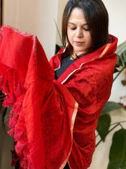 Red Chanderi Dupatta with Thread Embroidery