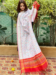 White Handwoven Ikat Dupatta Pure Silk-Cotton