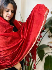 Red Chanderi Dupatta with Thread Embroidery
