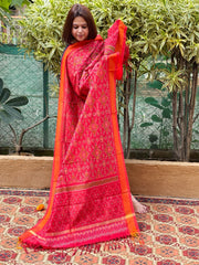 Red Handwoven Ikat Dupatta Pure Silk-Cotton