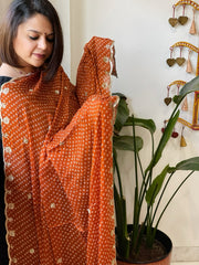 Rust Orange Printed Bandhej Chinon Dupatta with Sequin Butas and Border
