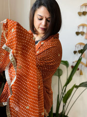 Rust Orange Printed Bandhej Chinon Dupatta with Sequin Butas and Border