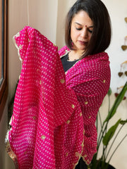 Hot Pink Printed Bandhej Chinon Dupatta with Sequin Butas and Border