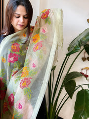 Dusty Green Organza Dupatta with cross-stitch embroidery