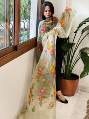 Dusty Green Organza Dupatta with cross-stitch embroidery