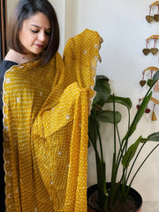 Mustard Yellow Printed Bandhej Chinon Dupatta with Sequin Butas and Border