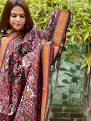 Brown Handwoven Ikat Dupatta Pure Silk-Cotton