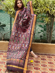 Brown Handwoven Ikat Dupatta Pure Silk-Cotton